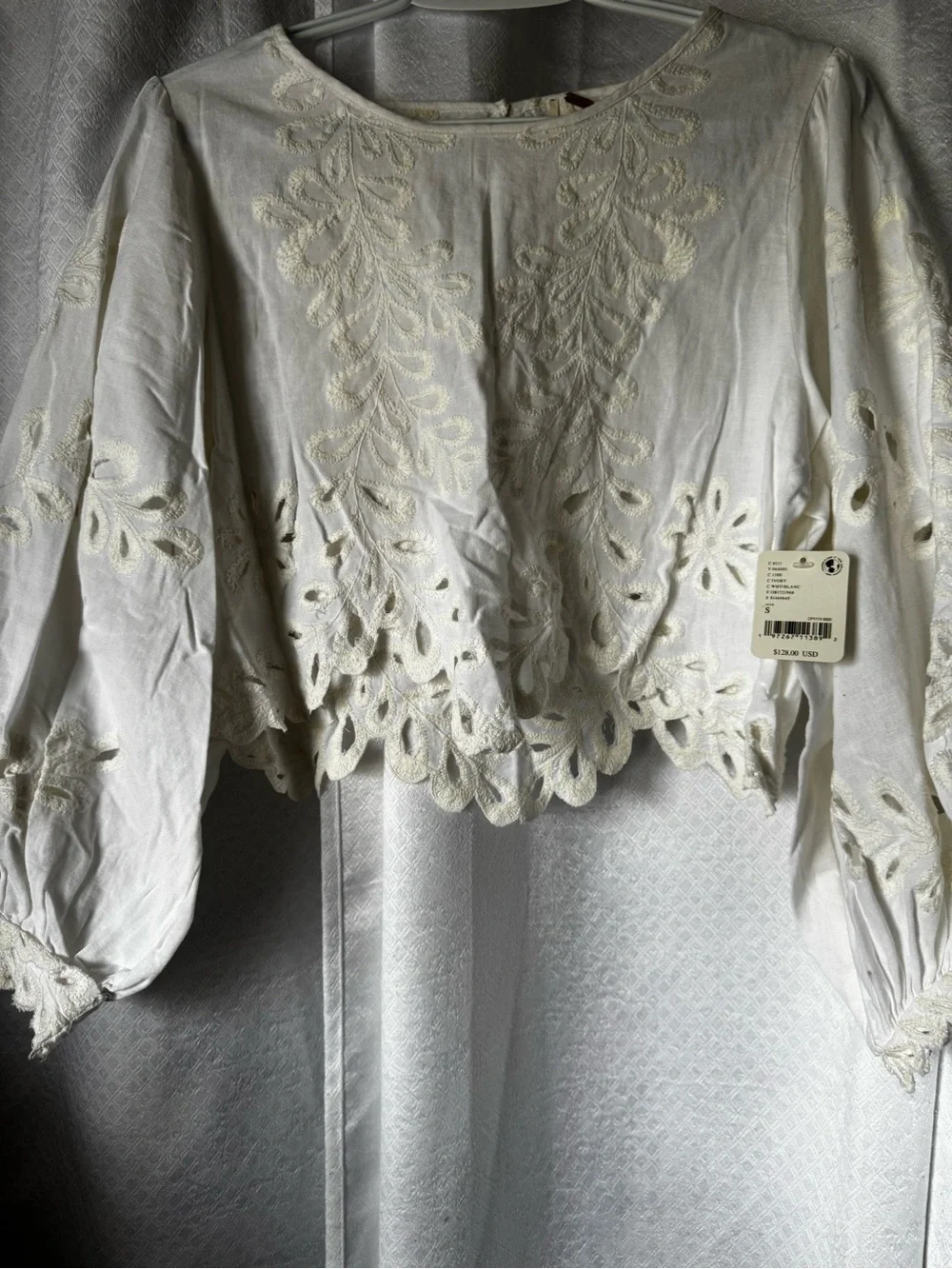Free People White Eyelet Cropped Peasant Blouse - Women's Top